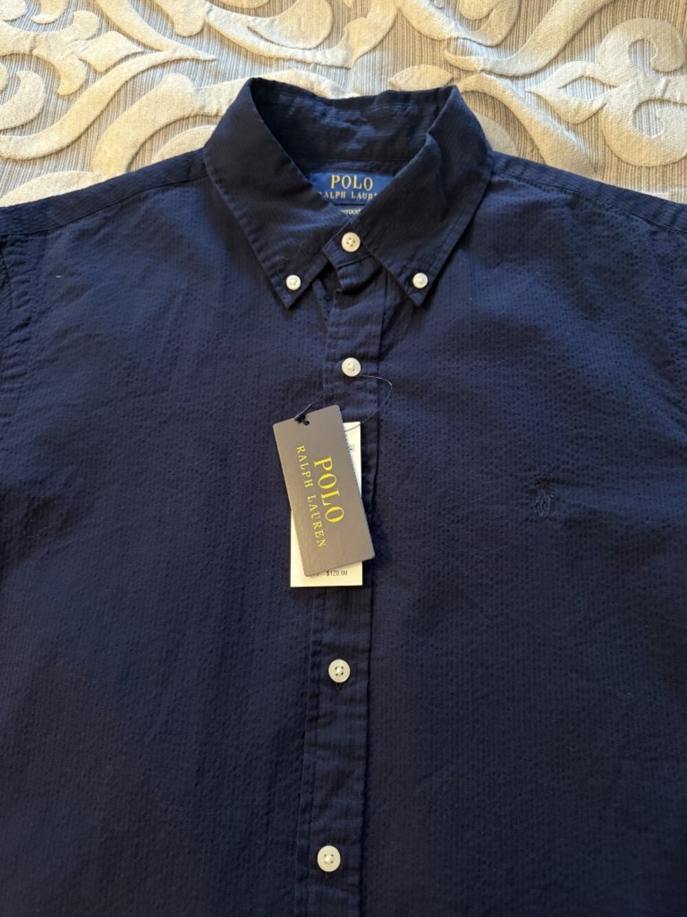 Polo Ralph Lauren Men's RL Untucked Fit Seersucker Solid Navy Blue Medium NEW